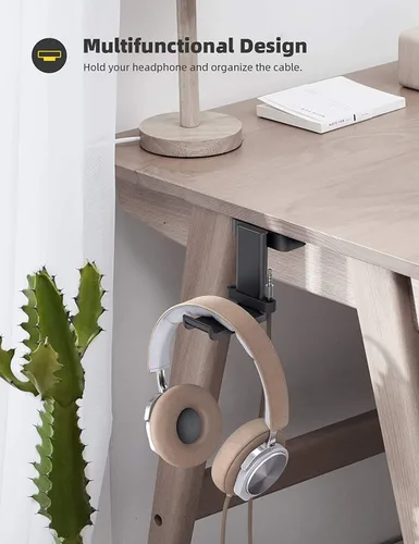 Vista 2 de Lamicall Soporte para auriculares, soporte adhesivo para auriculares, soporte para auriculares debajo del escritorio, soporte de gancho adhesivo
