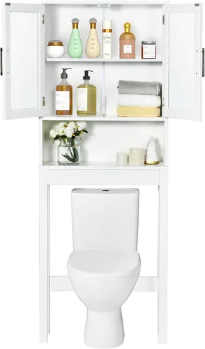 Vista 6 de WATERJOY Gabinete de almacenamiento sobre el inodoro, organizador de gabinete de baño con 2 puertas de vidrio templado Moru, estante para inodoro