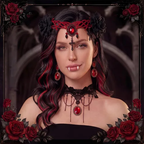 Vista 7 de Newcotte 11 piezas de disfraz de vampiro de Halloween rojo negro peluca