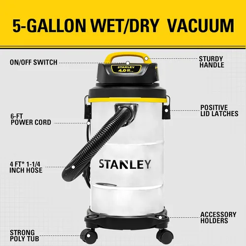Vista 6 de Aspiradora Stanley 4 HP para uso en seco o mojado, SL18130, 116.00 volts