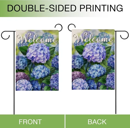 Vista 7 de Hzppyz Bandera de jardín de flores florales de primavera de bienvenida de doble cara, hortensias decorativas para patio al aire libre, decoración