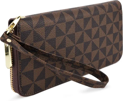 Vista 13 de Veki Billetera para mujer con doble cremallera y correa para la muñeca, monedero de cuero para tarjetas de crédito para mujeres y hombres, Negro A