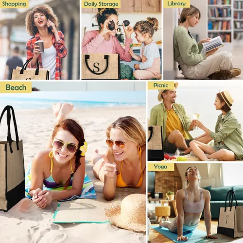 Vista 7 de TOPEAST Jute Beach Tote Bag and Makeup Bag Personalized Birthday Gifts for Women Bridesmaid Gifts