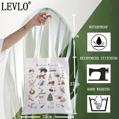 Vista 4 de LEVLO Bolsa de lona con diseño de alfabeto de animales - Bolsa de comestibles con temática de bosque A-Z