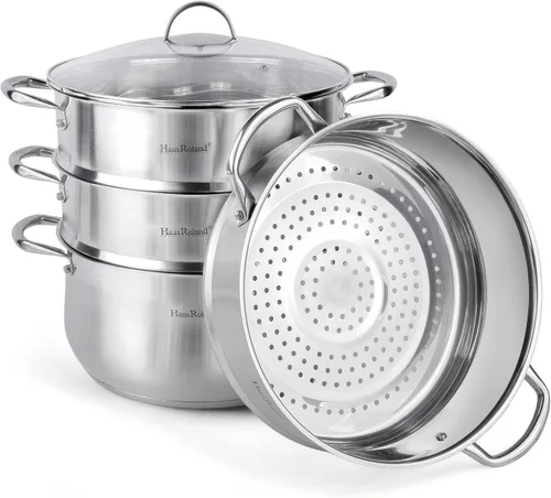 Vista 4 de Olla de vapor de acero inoxidable de 3 niveles con tapa, olla de vapor para cocinar (3 niveles), olla de cocina de múltiples capas, sartén de cocina