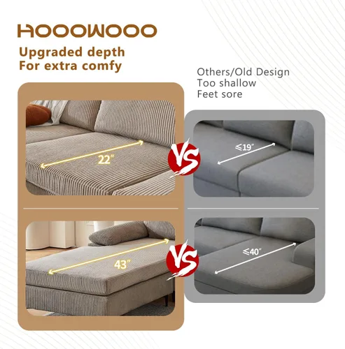 Vista 4 de HOOOWOOO Sofá modular de pana en forma de L, sofá modular de 100 pulgadas con diván reversible hacia la izquierda y derecha, moderno y cómodo