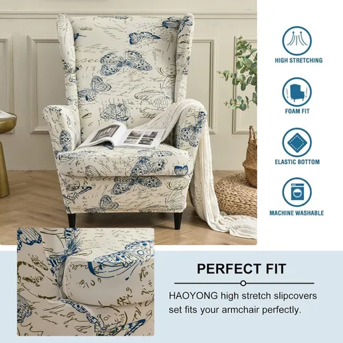 Vista 4 de HAOYONG Juego de Fundas Elásticas para Silla con Alas y Otomana, 2 Piezas de Funda para Silla Wingback y 1 Pieza de Funda Rectangular para Taburete