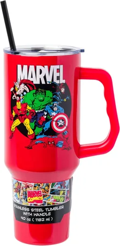 Vista 32 de Silver Buffalo Marvel Avengers - Vaso de acero inoxidable con asa, popote y tapa de pajilla, diseño de Iron Man, Capitán América, Blue Beetle, Thor
