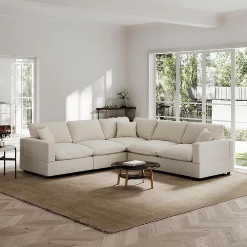 Vista 14 de Sofá seccional moderno de lino en forma de L para sala de estar, sofás modulares con relleno de plumón, fundas de cojín de sofá desmontables, sofá