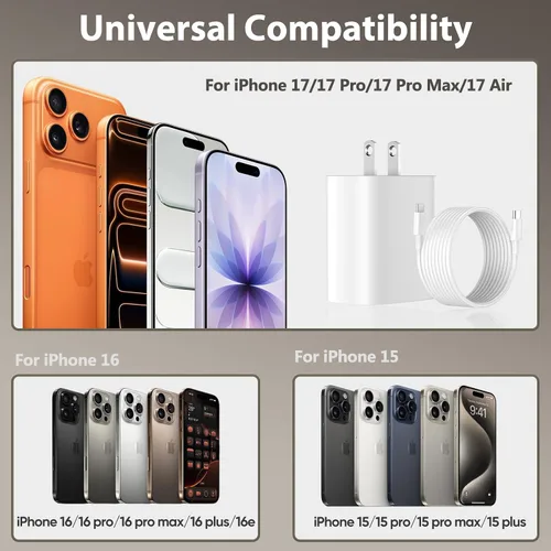Vista 5 de Cargador para iPhone 17, 16, 15, carga rápida, cable de carga USB C de 10 pies de largo con bloque de carga rápida de teléfono tipo C de 20 W