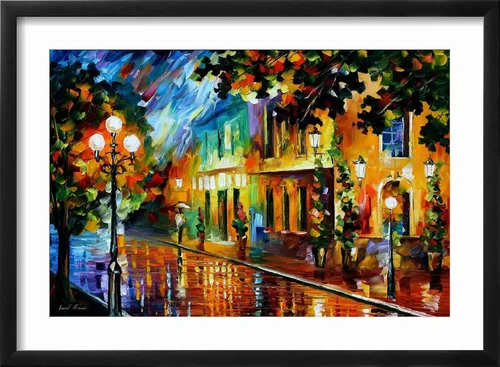 Vista 2 de ART.COM Arte enmarcado para pared, diseño de flores nocturnas de Leonid Afremov, decoración escénica, 18 x 12 pulgadas, marco negro con paspartú