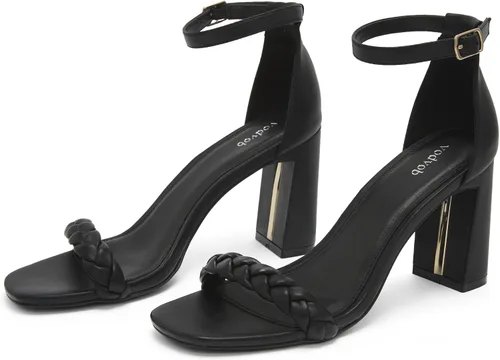 Vista 8 de vodvob Sandalias de tacón alto grueso para mujer, con hebilla y correa al tobillo, zapatos de vestir, para fiestas, bodas, sandalias de tacón