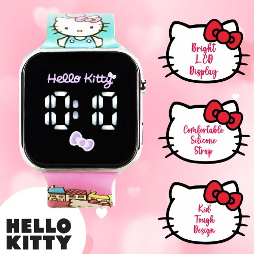 Vista 5 de Reloj Hello Kitty Kids con pantalla táctil LED de Hello Kitty con arte de personajes de Sanrio y correa con escena de la ciudad, pantalla digital