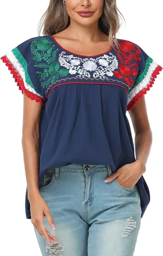 Vista 4 de YZXDORWJ Blusa tradicional colorida de encaje bordado mexicano para mujer, tricolor, camiseta del día de la independencia mexicana