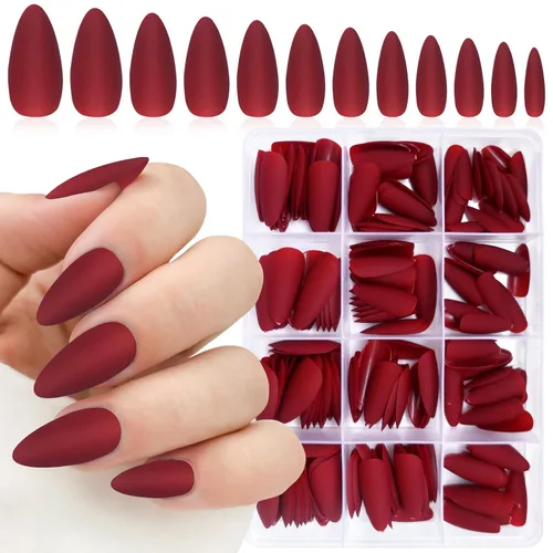 Vista 7 de 240 uñas postizas a presión con diseño de almendra de longitud media, uñas negras mates con diseño de almendra, puntas de uñas postizas cortas
