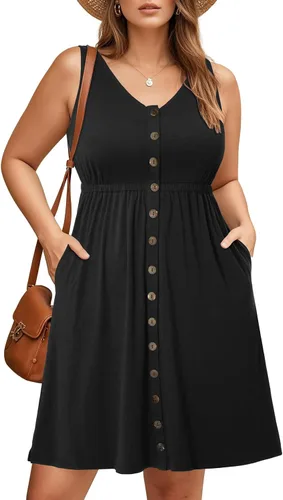 Vista 21 de Holipick Vestidos de verano para mujer, talla grande, casual, con bolsillos, acampanado, con botones, sin mangas, cuello en V
