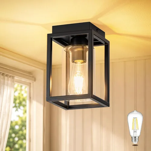 Vista 11 de Mayful Lámpara de techo de montaje empotrado con pantalla de cristal transparente, lámpara de techo de marco de metal negro para granja para isla
