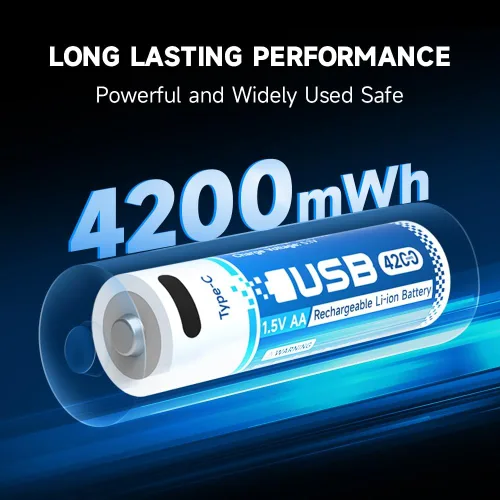 Vista 6 de Paquete de 4 baterías recargables de litio AA, batería doble AA de 1.5 V 4200 mWh con cable de carga USB-C, más de 2000 ciclos, carga rápida