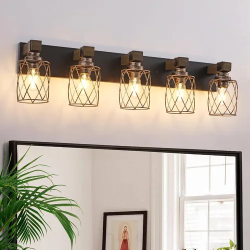 Vista 9 de Farmhouse 3-Light Wood Bathroom Vanity Light, White Metal Cage Shade