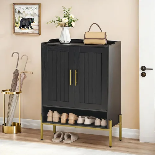Vista 6 de HOOBRO Gabinete para zapatos, organizador de zapatos de 5 niveles con puertas, armario de madera para zapatos para entrada, armario independiente