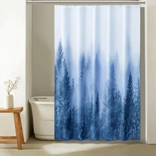 Vista 26 de ORTIGIA 36x72 Cortina de ducha de bosque nebuloso para baño pequeño, cortina de ducha estrecha de naturaleza y bosque en blanco y negro con ganchos