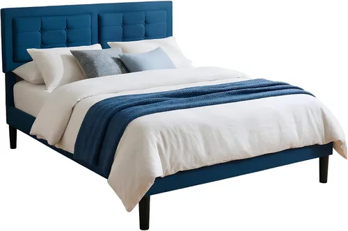 Vista 9 de VECELO Base de cama tamaño matrimonial, cabecera tapizada ajustable con botones, marco de cama resistente con soporte de listones de madera,