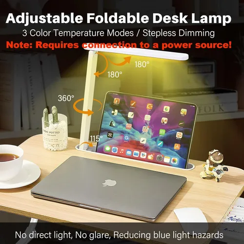 Vista 3 de Escritorio para computadora portátil para cama con luz de escritorio LED, mesa ajustable para tableta con patas plegables, cajón de almacenamiento