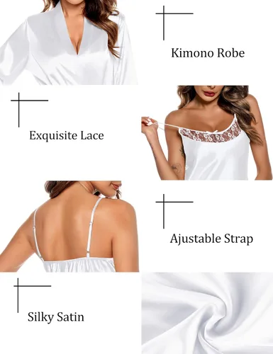 Vista 5 de SWOMOG Conjunto de batas de satén para mujer, conjunto de pijama de seda de 2 piezas, camisón de encaje con batas, ropa de dormir, kimonos de boda