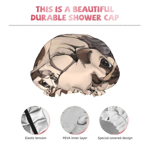 Vista 5 de Lindo gorro de ducha de perro carlino para mujer, doble capa impermeable, sombrero de ducha grande diseñado para todos los cabellos
