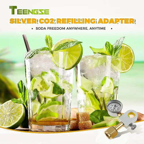 Vista 7 de Adaptador de recarga de CO2 con medidor de presión, adaptador rápido de repuesto de carbonatador de intercambio de soda plateado TEENGSE compatible