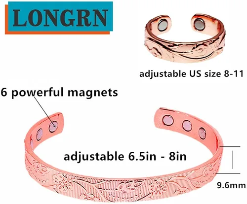 Vista 3 de LONGRN - Anillo magnético de cobre puro y pulsera de tamaño ajustable para mujer Cobre