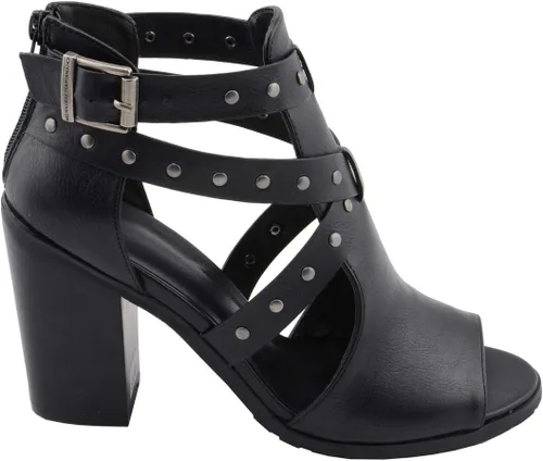 Vista 2 de Milwaukee Leather MBL9454 Sandalias de tacón negro con correa tachonada con tacón de plataforma para mujer