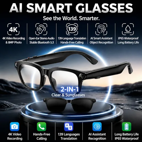 Vista 2 de Gafas inteligentes Ai con cámara y audio Bluetooth, grabación
