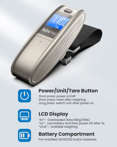 Vista 3 de RENPHO Báscula de equipaje para maletas, báscula digital portátil para viajes, báscula de pesaje de equipaje de mano con gancho, función de tara