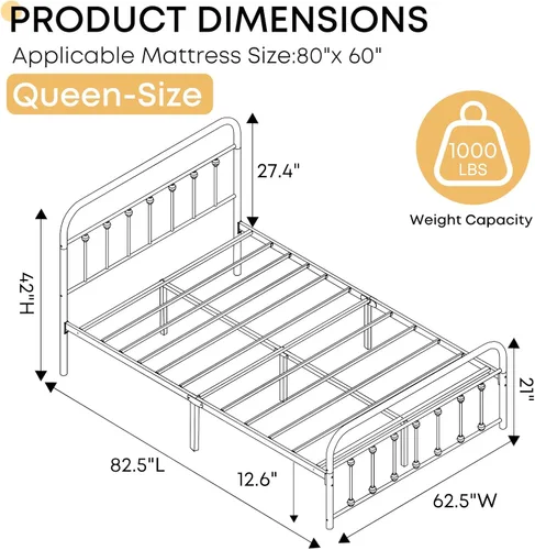 Vista 2 de Armazón de Cama Queen - Armazón de Cama de Plataforma de Metal Clásico Base de Colchón con Cabecera/Pie de Cama de Arte de Hierro