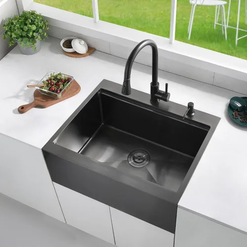 Vista 2 de Luckyhorse LH008SZ - Fregadero de cocina negro de 28 x 22 pulgadas con caída en la parte superior, estación de trabajo, fregadero de cocina