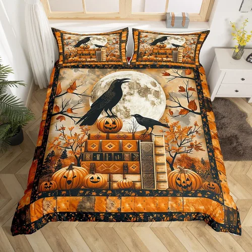Vista 22 de Funda de edredón con diseño de murciélago, juego de ropa de cama de murciélago negro y naranja, funda de edredón temática de Halloween