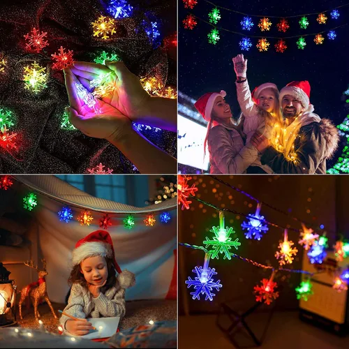 Vista 2 de Tira de luces con diseño de copo de nieve, con 50 ledes, 24.6pies, impermeable, para exteriores, con 8 modos de iluminación para bodas, fiestas