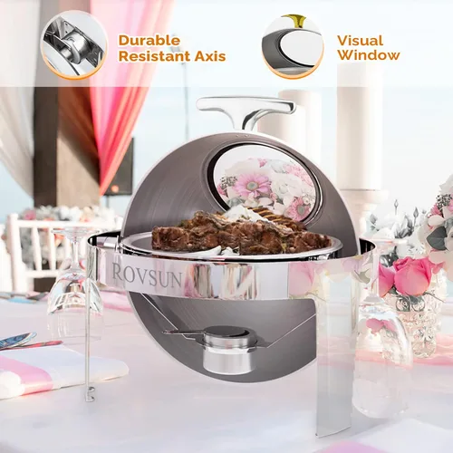 Vista 5 de ROVSUN Juego de bufé de platos de roce con tapa enrollable, 6 cuartos de galón de acero inoxidable redondo para catering, servidores de buffet