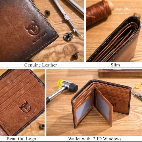 Vista 6 de BULLCAPTAIN Carteras para hombres RFID bloqueo delgado Bifold cuero genuino bolsillo frontal cartera con 2 ID Windows QB-05, Marrón