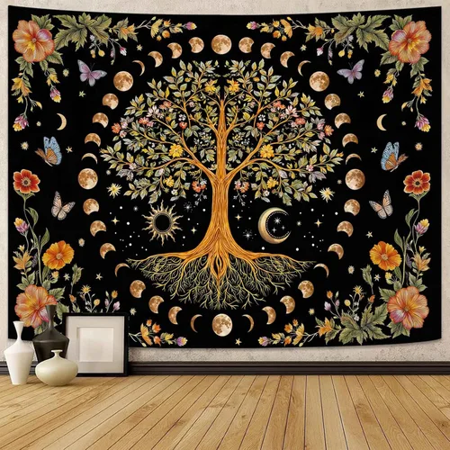 Vista 10 de Lunerfex Tapiz de árbol de la vida, tapiz de pared de fase lunar, tapices verdes para dormitorio, techo, tapices para colgar en la pared