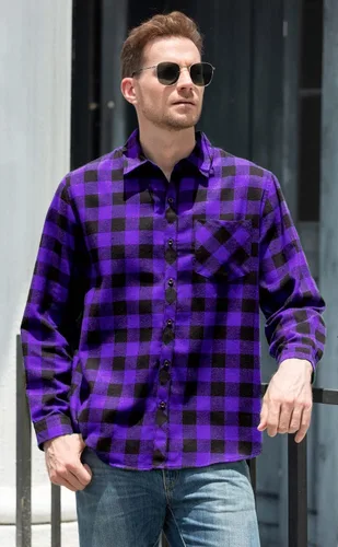 Vista 4 de Cromoncent - Camisa casual de franela a cuadros con botones para hombre