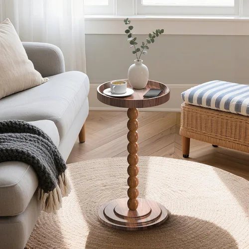 Vista 2 de XNSDXV Mesa auxiliar redonda con patas de madera maciza, mesa pequeña para bebidas para espacios pequeños, mesa de Martini con borde elevado, mesa