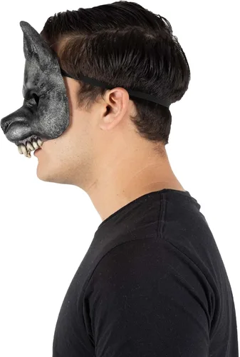 Vista 3 de Ghoulish Productions Máscara de media máscara de lobo negro. Máscara de látex de lobo furioso. Máscara de látex de talla única para adultos. Línea