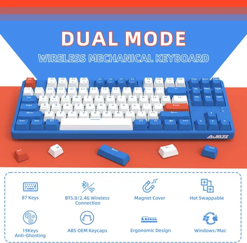 Vista 2 de A.JAZZ - Teclado mecánico inalámbrico, 87 teclas TKL teclado Bluetooth intercambiable en caliente, modo dual BT5.02.4G con marco desmontable, teclas