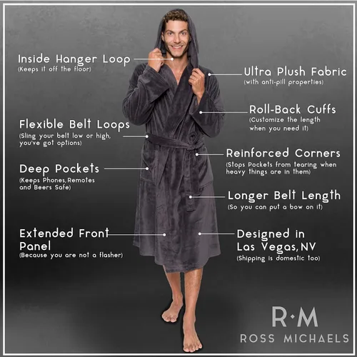 Vista 5 de Ross Michaels Mens Robe Hooded Wrap Style - Mid Length Plush Fleece Bathrobe