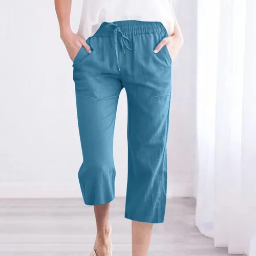 Vista 2 de Ceboyel Pantalones capri para mujer para verano, cintura elástica, pantalones de yoga, con cordón, pantalones de lino, pantalones de entrenamiento