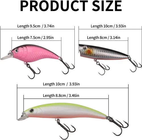 Vista 8 de Kit de señuelos de pesca mezclados, incluyendo ojos 3D Hard Minnow Popper cebos de manivela con ganchos para agua salada, trucha, lubina, salmón