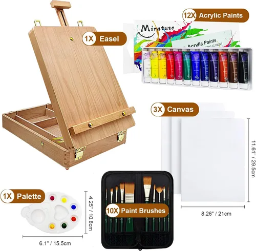 Vista 2 de Miratuso Art Supplies - Juego de arte de 27 piezas con 2 caballetes de mesa, pintura acrílica de 12 colores, 10 pinceles de pintura, 3 paneles