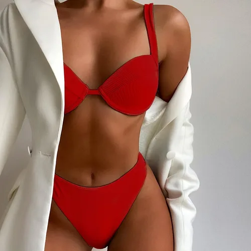 Vista 2 de Conjunto de bikini de dos piezas de corte alto de dos piezas para mujer, con cuello halter, triángulo, con lazo lateral